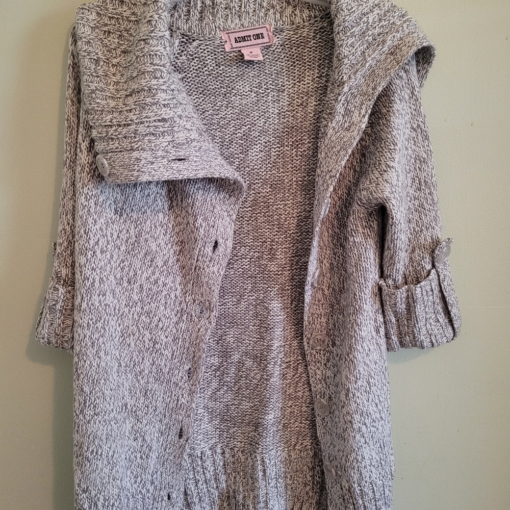 Admit One long gray/white adjustable button front flap collar knit sweater
